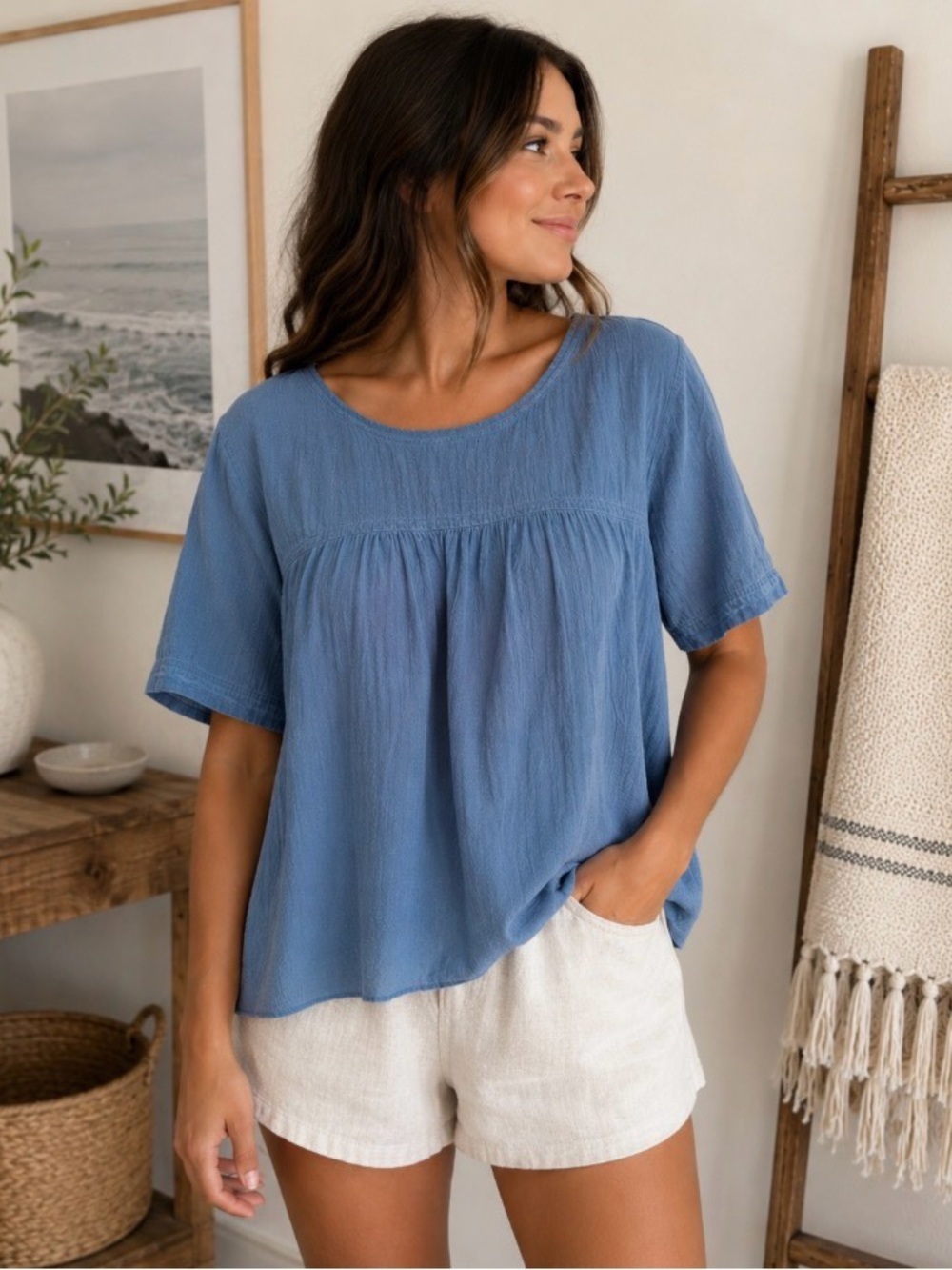Women’s Relaxed Blue denim Short-Sleeve Top